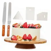 12" Acacia Wood Revolving Cake Stand, with 2 Icing Spatulas，3 Smoothers