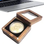 Wood Coin Presentation Storage Case, Clear Top Walnut Single Coin Display Box, Badge Holders Portable Storage Case for Birthday New Year Christmas Easter