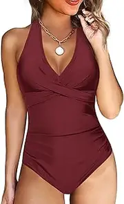 [Baynetin] Women's Tummy Control One-Piece Swimsuit Slimming Swimwear V-Neck, Removable Inner Padding for Tummy Control Sports Swimsuit Backless Ruffle Swimwear