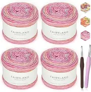 [Katech] Ombré Yarn for Crocheting-Gradient Cake Yarn-4x100g 60% Cotton 30% Acrylic 10% Wool-Ombre Multicolor Soft Rainbow Cotton Crochet Yarn for Scarves, Shawls, Blankets and Garments(J)