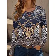 Women's T Shirt Graphic Leopard Paisley Casual Long Sleeve V Neck Regular Tops Daily Cut Out Print Navy Blue Spring Fall