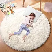 PAGISOFE Cream White Round Rug 4Ft, Circle Rugs, Small Fluffy Shaggy Carpets and Rug for Girls Boys Baby Kids Bedroom Furry Comfy Teepee Mats Circular Rugs for Reading Area Nursery Room