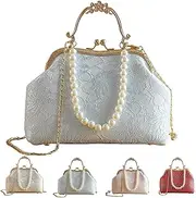 [Zigihos] Vintage Chinese Lace Embroidery Pearl Crossbody Bag Evening Bag with Chain Adjustable Strap for Women