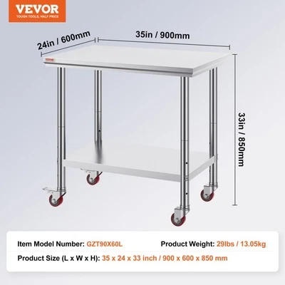 Stainless Steel 36x24 Inch Mobile Work Table with Wheels Heavy Duty Kitchen Prep