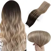 Full Shine 18" Ombre Tape Hair Extensions Full Head Remy Hair Extensions Human Hair Balayage Color #2 Fading to #6 and #18 Ash Blonde Highlighted Hair 100g 40 Pcs Per Package