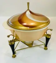 Unused VTG MCM Fire King Copper Tint Ovenware Warming Dish And Heating Stand
