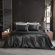Ultra Soft Sheet Set,100% Soft Luxury Silky Satin, Fitted Sheet & Flat Sheet & 2 Pillowcases (Black, Singe)