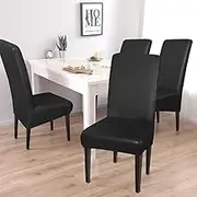 4 Pieces PU Leather Waterproof Dining Chair Seat Cover with High Back Chair Slipcover, Stretch Removable Chair Protectors Cover Seat Cushion Cover for Banquet, Hotel, Kitchen, Restaurant Black