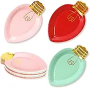 Whaline 30Pcs Christmas Paper Plate Gold Foil Dinner Plate Christmas Lights Shape Disposable Plates Red Pink Green for Xmas Winter Holiday Party Supplies, 10.4 x 6.7 In