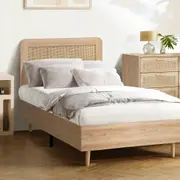 Oikiture Bed Frame Single Size Wooden Bed Frame Rattan Headboard