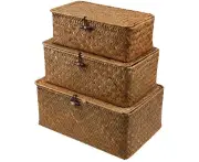 Woven Basket Wicker Basket With Lid Seagrass Laundry Rattan Organizer Box