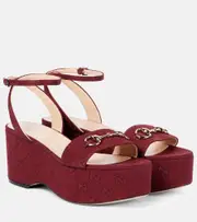 [Gucci] Gucci Lady Horsebit GG Canvas wedge sandals AU 7 burgundy