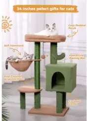 34″H Meow Sir Cactus Cat Tree Tower Scratching Post Cat Furniture w/Hanging Ball