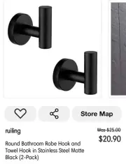 ruiling Round Bathroom Robe & Towel Hook in Stainless Steel Matte Black (2-Pack)