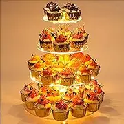 4 Tier Round Cupcake Stand, Acrylic Cupcake Display Stand Cupcake Tray Holder Dessert Cake Tower Pastry Stand + LED Light String, Ideal for Wedding Birthday Theme Party Birthday