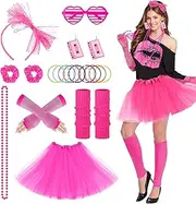 Suffolly 80s Fancy Dress Costumes for Women,Lip Print T-Shirt 1980s Costume Neon Retro Theme Cosplay for 80s Outfit Women's Party,T-Shirt,Tutu,Belt Bag,Neon Accessories
