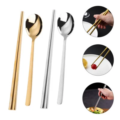 2 Sets Stainless Steel Chopstick Traditional Chopsticks Spoons and Travel Soup