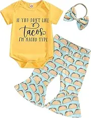 [Chloefairy] Baby Girl Summer Clothes If You Dont Like Tacos Im Nacho Type Romper Bell-Bottoms Flare Pants Set Headband 0-12M