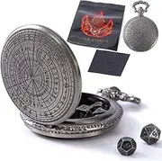 Micro Metal DND Dice Set: MiniChrono's Tiny, Mini Dice in a Magic Circle-Engraved Pocket Watch Case - Portable Dungeons and Dragons (D&D) TTRPG Accessory (Magic Gunmetal + Iron Dice)