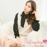 LINGLING A3926-01優雅淑女點點領結襯衫+刷毛荷葉袖背心洋裝兩件式(外杏內黑)