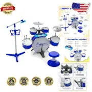Fun Blue Kids Drum Keyboard Combo with Microphone & Durable Stool for Ages 3+