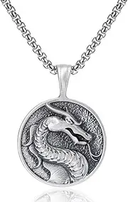 [TYMONT] Viking Dragon Medal Pendant Necklace,Men's Hip Hop Mortal Kombat Logo Evil Dragon Pendant Punk Jewelry