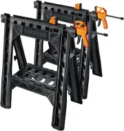 WORX Clamping Sawhorse with Bar Clamps, Built-in Shelf and Cord Hooks