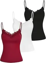 [SOLY HUX] Women's Lace Trim Adjustable Spaghetti Strap Camisole Tops with Built in Bras 3 Packs