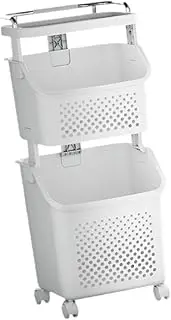 Folpus Laundry Cart Rolling Large Capacity Storage Organization Basket Clothes Basket Storage Rack for Bedroom Apartment Household, 2 Tiers