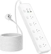 Power Board with Individual Switches, 1.8M Extension Lead, Power Strip 5 AC Outlets, 6 USB PD 30W Super Fast Charging USB C, Mountable, Desktop Charging Station for Home, Office, School, Dorm (White)