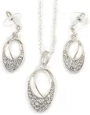 [Avalaya] Clear Crystal Open Oval Cut Pendant Silver Tone Chain and Drop Earrings Set - 45cm L/ 5cm Ext - Gift Boxed, One Size, No Metal Type, No Gemstone