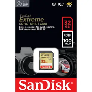 【公司貨】SanDisk 32GB Extreme SD SDHC UHS-I U3 V30 記憶卡