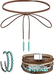 [Inbagi] 3 Pieces Western Jewelry for Women Bohemian Turquoise Set, Bohemian Turquoise Pendant Long Choker, Vintage Turquoise Dangle Earrings, Turquoise Faux Leather Layered Bracelets