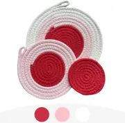 Set of 3 Thick Braided Cotton Placemats & Coasters, Pink & White – One Set for Multi-Use, Heat Resistant and Durable