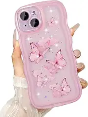 UEEBAI Wave Butterfly Case for iPhone 14 Plus Case, Pretty Bling Star Butterfly for Women Cute Shiny Glitter Phone Cover for Girls Bling Clear Cover Curly Shockproof Girly Shell - Pink