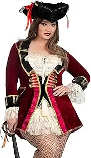Leg Avenue Captivating Pirate Captain, features a velvet coat dress with tie-front peasant bodice and lace ruffle accents, MULTICOLOR, 1X-2X