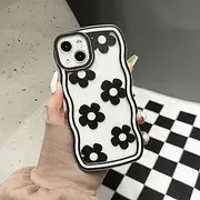 LIUJINCAN Compatible with iPhone 14 Plus Case - Aesthetic Black Little Flower Design Case - Wave Frame and Camera Protector - Clear Soft TPU Shockproof Cover - Flexible Silicone Bumper