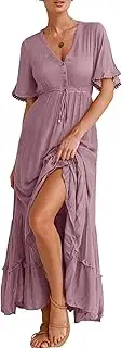 R.Vivimos Womens Summer Cotton Short Sleeve V Neck Floral Print Casual Bohemian Midi Dresses