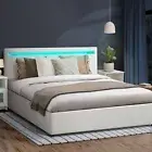 Oikiture Bed Frame Double Size RGB LED Gas Lift Storage Base White