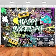 Sensfun Graffiti 80's 90's Birthday Backdrop Urban Retro Hip Hop Birthday Party Background Gold Chain Glasses Cartridge Tape Recorder Disc Rock Birthday Decoration Banner Photo Booth Props 7x5ft
