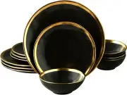 Matte Black Porcelain Dinnerware Set 12 Piece Service for 4, Dishes, round Plate