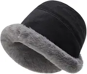 [Denzerekre] Plush Fuzzy Bucket Hat for Women Warm Fluffy Faux Fur Fisherman Cap Winter Ski Outdoor Windproof Warm Fleece Lining Hat