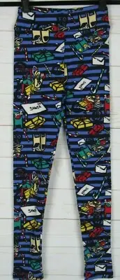 LuLaRoe Kids Christmas Leggings Blue Striped with Christmas Stuff Size Tween New
