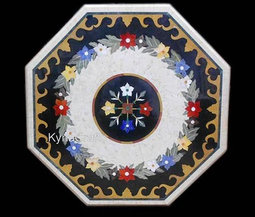 Octagon Marble Dinette Table Top Floral Design Inlay Work Coffee Table for Cafe