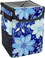 Car Trash Can with Lid and Storage Pockets Leak-Proof Organizer,Waterproof Garbage Can,Flower Gray Blue