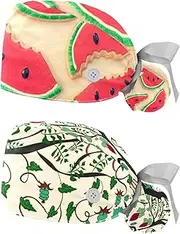 [WOSHJIUK] Working Hat 2 Pack Scrub Caps for Women,Cartoon Watermelon,Tie Back Cap Adjustable Scrub Hat