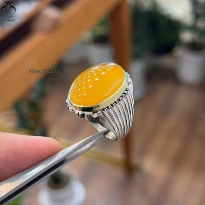 Men’s Natural Yemeni Aqeeq Ring Pure Yellow Agate Stone Elegant Design