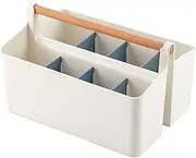 Large Portable Basket with Handle, Plastic Craft Storage Organizer Caddy Tote with Adjustable Divided for Makeup Art Supplies, Sewing, Colored Pencils VD-2301 White/Blue