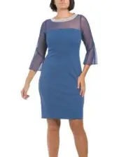 ALEX EVENINGS 14P Wedgewood Crystal Neckline Illusion Flare Crepe Dress NWT $199