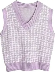 [DSAoTeng] Women V Neck Sleeveless Knit Vest Plaid Pattern Casual Warm Houndstooth Vest for Winter Fall Daily Wear